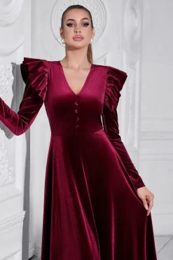 A Linha V Pescoço Borgonha babado longo veludo Prom Dress