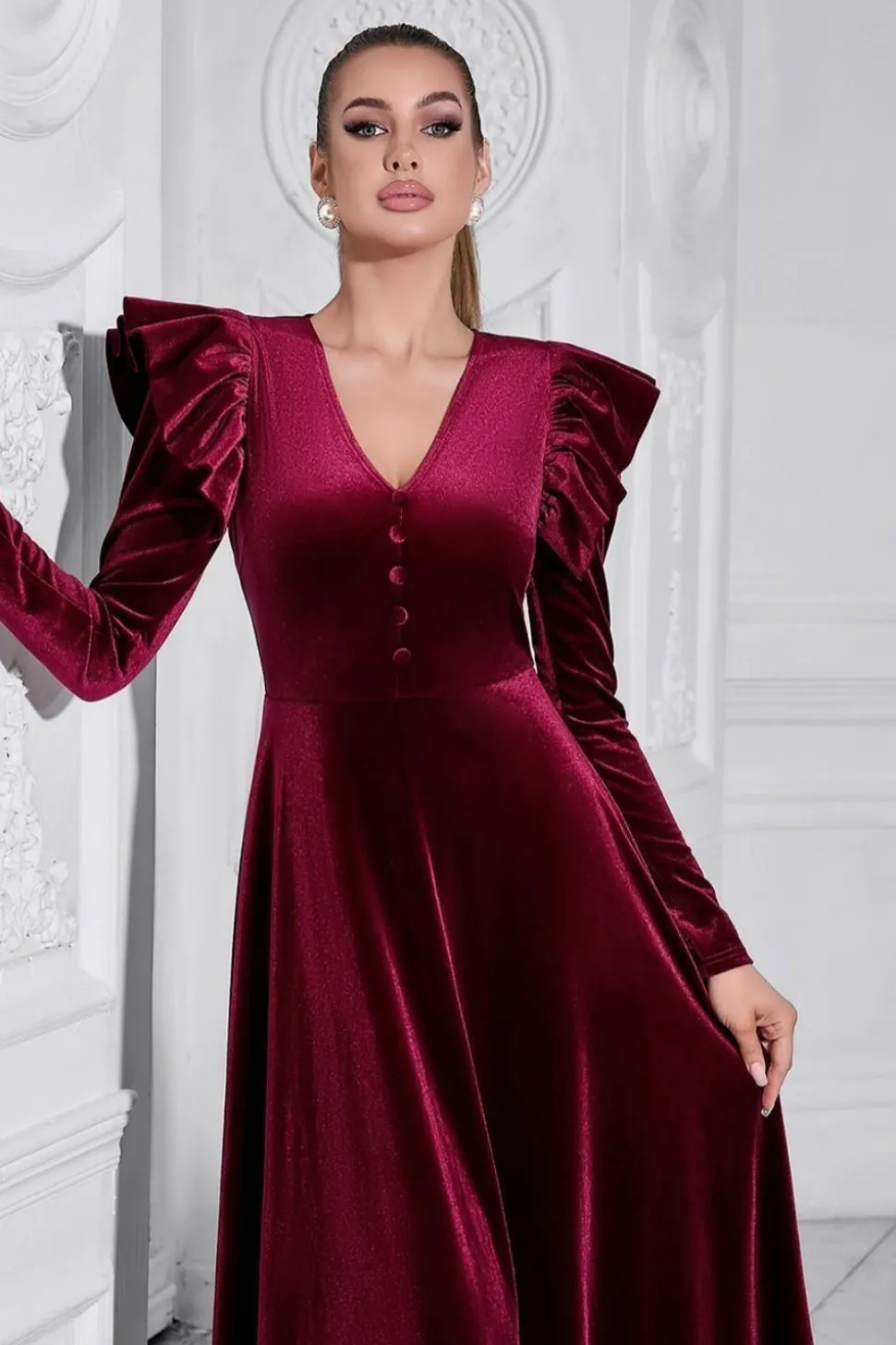 A Linha V Pescoço Borgonha babado longo veludo Prom Dress