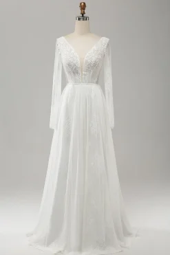 A Linha V Pescoço Manga Longa Praia Boho Vestido de Noiva com Renda Appliqued