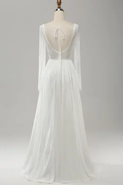 A Linha V Pescoço Manga Longa Praia Boho Vestido de Noiva com Renda Appliqued
