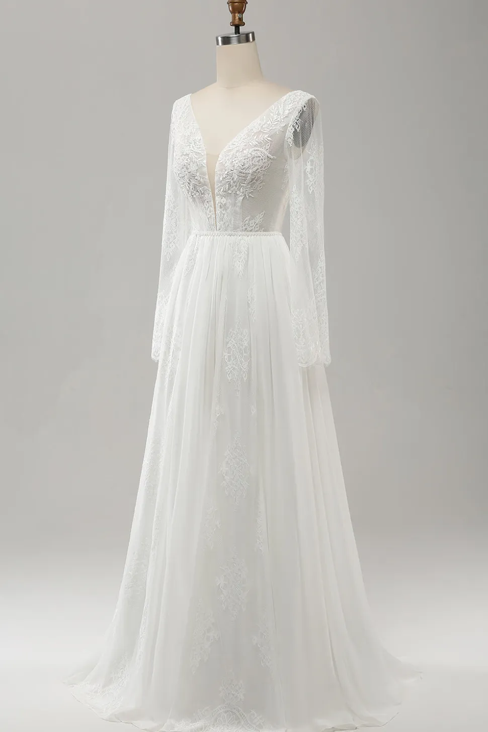 A Linha V Pescoço Manga Longa Praia Boho Vestido de Noiva com Renda Appliqued