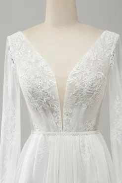 A Linha V Pescoço Manga Longa Praia Boho Vestido de Noiva com Renda Appliqued