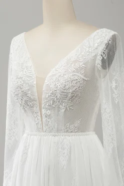 A Linha V Pescoço Manga Longa Praia Boho Vestido de Noiva com Renda Appliqued