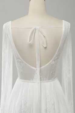 A Linha V Pescoço Manga Longa Praia Boho Vestido de Noiva com Renda Appliqued