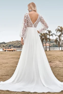 A Linha V Pescoço Marfim Chiffon Varredura Trem Boho Vestido de Noiva com Renda