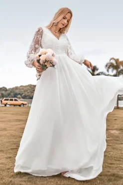 A Linha V Pescoço Marfim Chiffon Varredura Trem Boho Vestido de Noiva com Renda