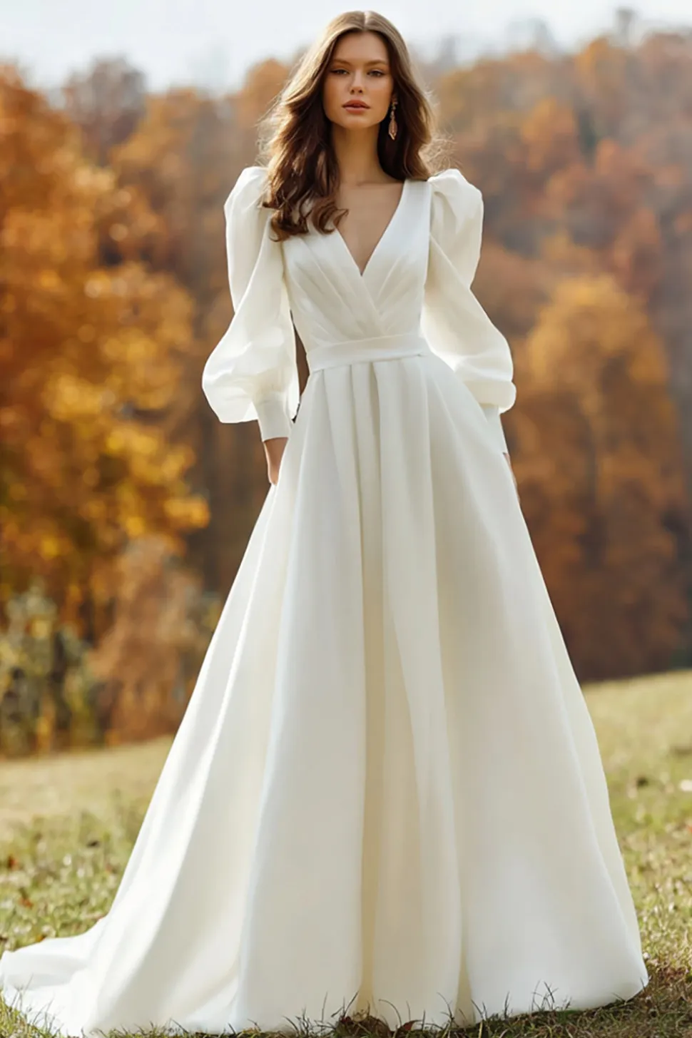 A Linha V Pescoço Marfim Vestido de Noiva Manga Longa