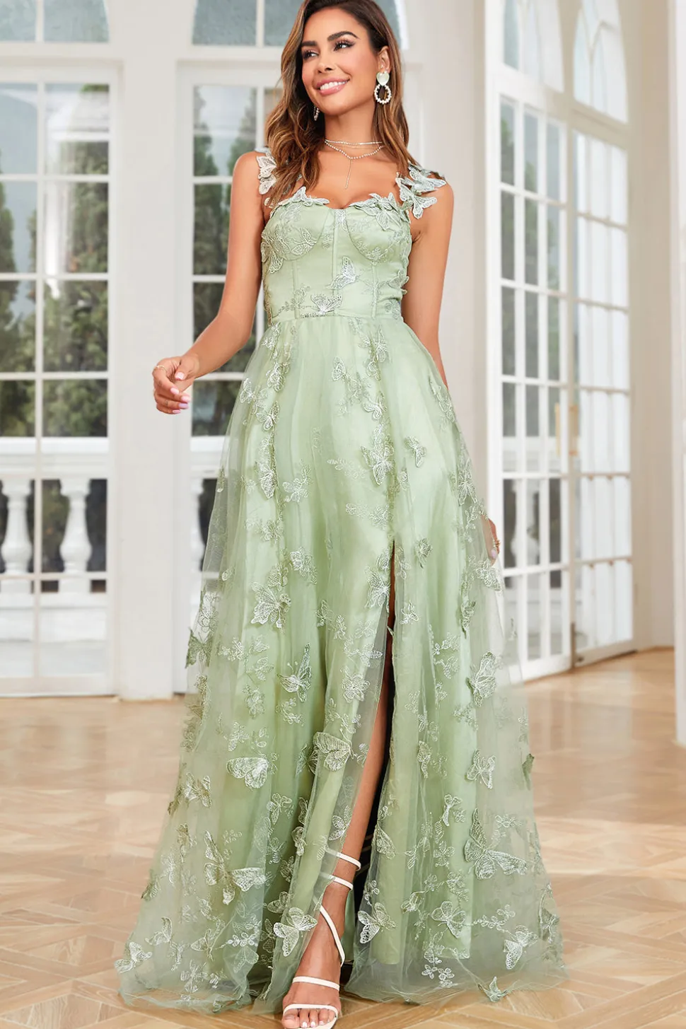 A Linha Verde Vestido de Festa com 3D Borboletas