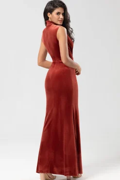 Admirador mais doce sereia pescoço alto terracota veludo longo vestido de dama de honra