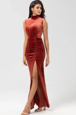Admirador mais doce sereia pescoço alto terracota veludo longo vestido de dama de honra