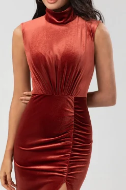 Admirador mais doce sereia pescoço alto terracota veludo longo vestido de dama de honra