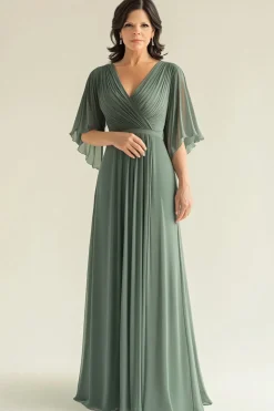 Agave Chiffon Mangas Flare Plissado V Pescoço Mãe do Vestido da Noiva