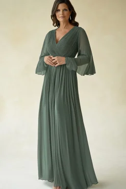 Agave Chiffon Mangas Flare Plissado V Pescoço Mãe do Vestido da Noiva