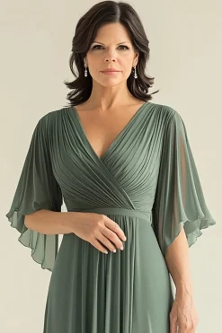 Agave Chiffon Mangas Flare Plissado V Pescoço Mãe do Vestido da Noiva