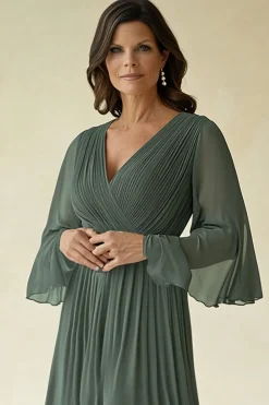 Agave Chiffon Mangas Flare Plissado V Pescoço Mãe do Vestido da Noiva