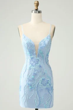 Alças de espaguete azul claro apertado vestido curto de volta para casa com lantejoulas