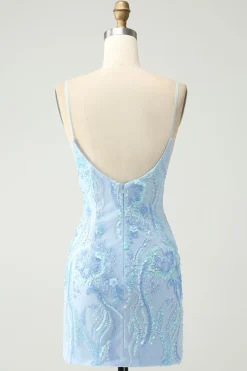 Alças de espaguete azul claro apertado vestido curto de volta para casa com lantejoulas
