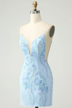 Alças de espaguete azul claro apertado vestido curto de volta para casa com lantejoulas