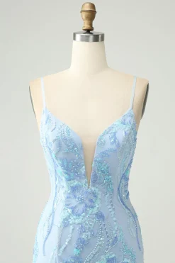 Alças de espaguete azul claro apertado vestido curto de volta para casa com lantejoulas