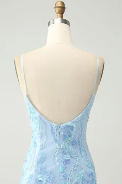Alças de espaguete azul claro apertado vestido curto de volta para casa com lantejoulas