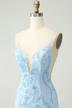 Alças de espaguete azul claro apertado vestido curto de volta para casa com lantejoulas