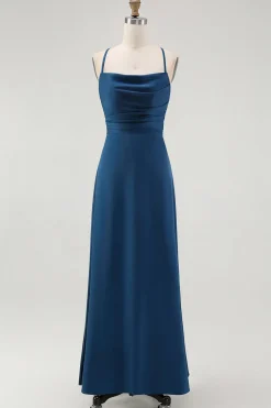 Alças de espaguete azul escuro Uma linha longo vestido de dama de honra