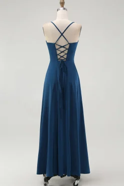 Alças de espaguete azul escuro Uma linha longo vestido de dama de honra