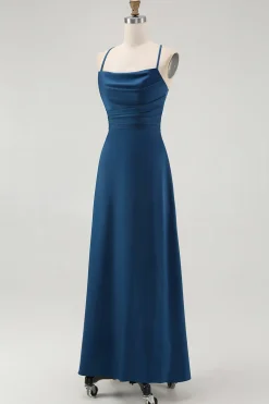 Alças de espaguete azul escuro Uma linha longo vestido de dama de honra
