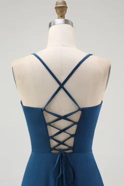 Alças de espaguete azul escuro Uma linha longo vestido de dama de honra