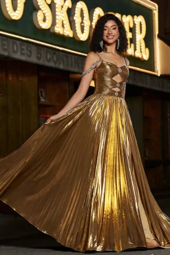 Alças de espaguete brilhantes frisadas vestido de baile metálico com fenda
