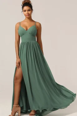 Alças de Espaguete de Eucalipto Um Vestido de Madrinha Linha com Fenda
