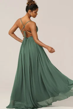 Alças de Espaguete de Eucalipto Um Vestido de Madrinha Linha com Fenda