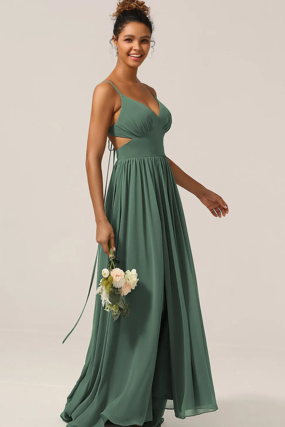 Alças de Espaguete de Eucalipto Um Vestido de Madrinha Linha com Fenda