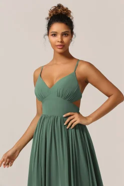 Alças de Espaguete de Eucalipto Um Vestido de Madrinha Linha com Fenda