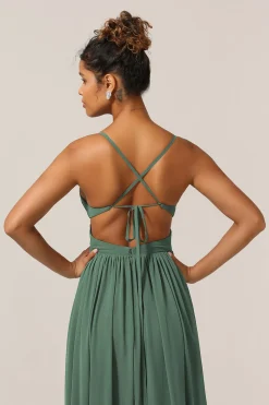 Alças de Espaguete de Eucalipto Um Vestido de Madrinha Linha com Fenda