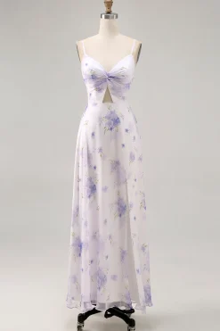 Alças de espaguete de flor de lavanda cortadas para fora vestido de noiva com fenda