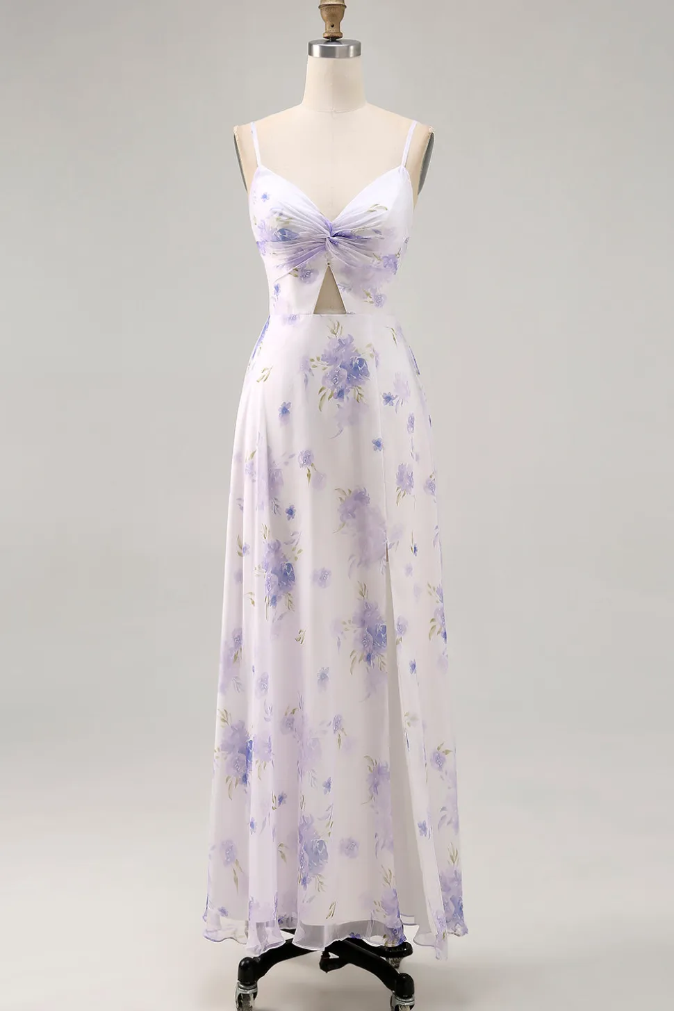 Alças de espaguete de flor de lavanda cortadas para fora vestido de noiva com fenda