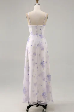 Alças de espaguete de flor de lavanda cortadas para fora vestido de noiva com fenda