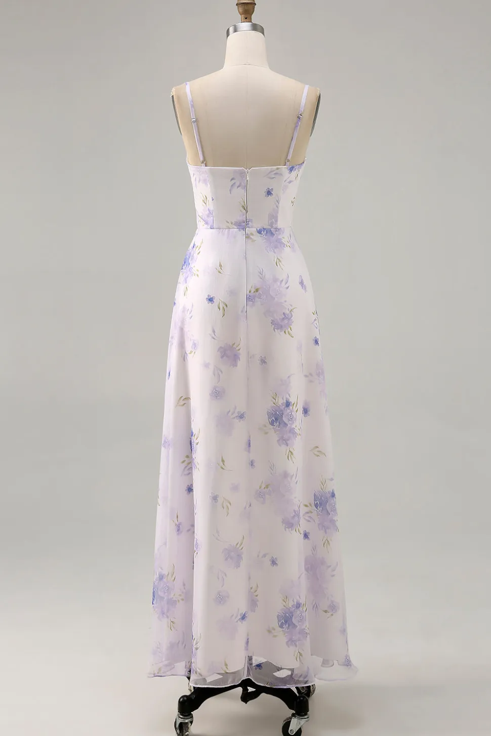 Alças de espaguete de flor de lavanda cortadas para fora vestido de noiva com fenda