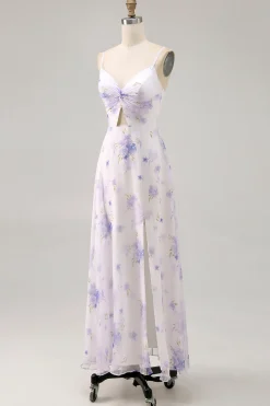 Alças de espaguete de flor de lavanda cortadas para fora vestido de noiva com fenda