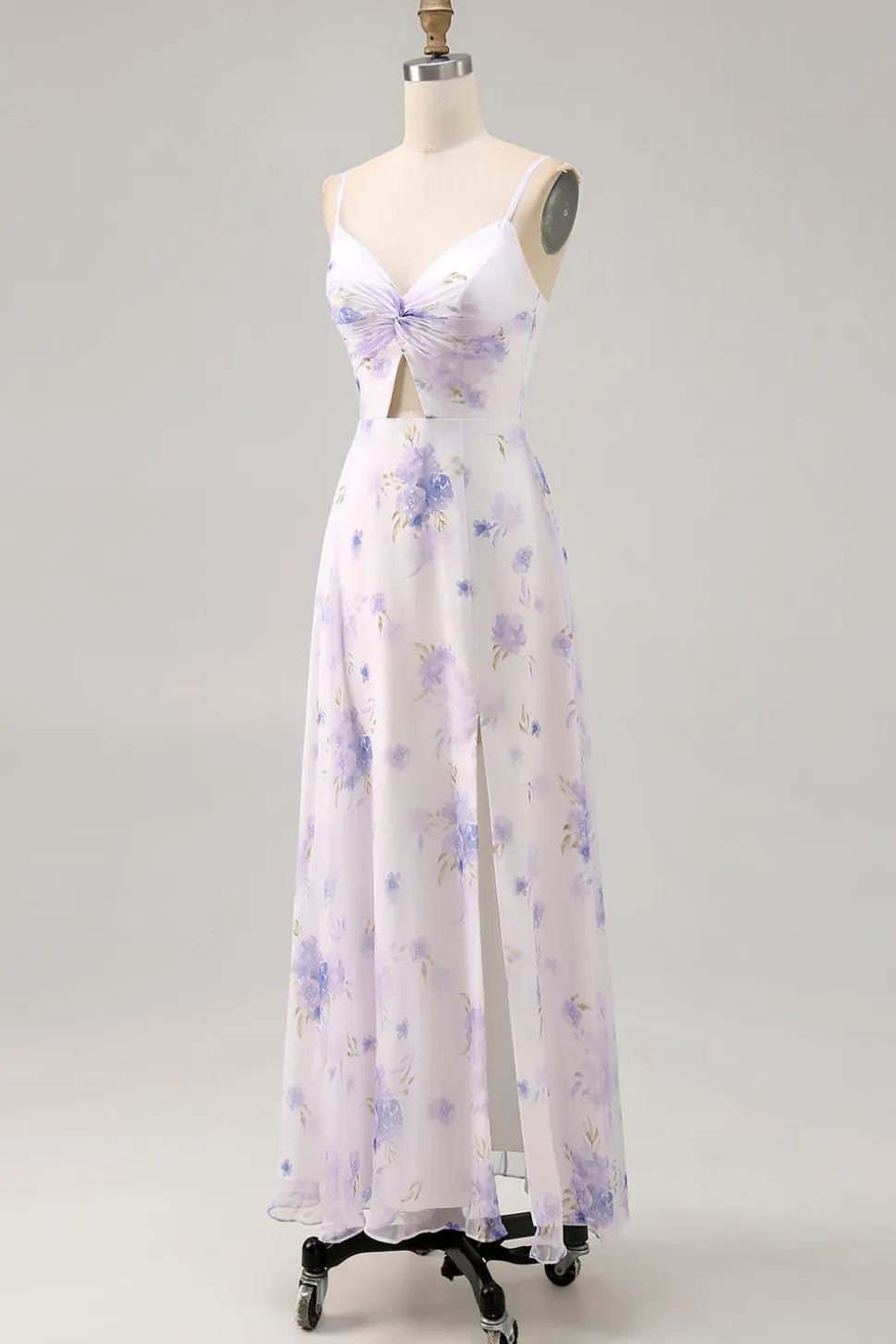 Alças de espaguete de flor de lavanda cortadas para fora vestido de noiva com fenda
