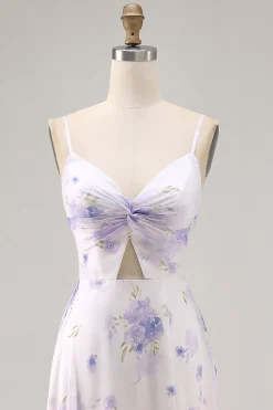 Alças de espaguete de flor de lavanda cortadas para fora vestido de noiva com fenda