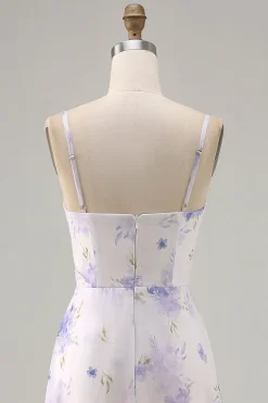 Alças de espaguete de flor de lavanda cortadas para fora vestido de noiva com fenda