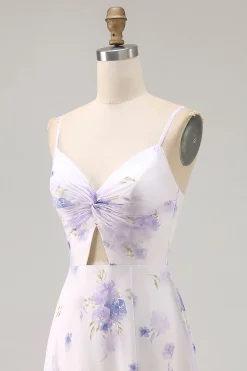 Alças de espaguete de flor de lavanda cortadas para fora vestido de noiva com fenda