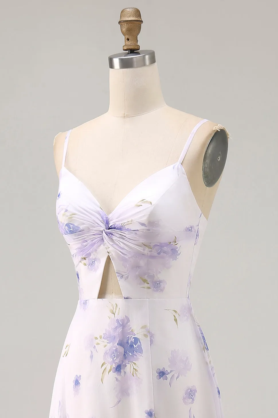Alças de espaguete de flor de lavanda cortadas para fora vestido de noiva com fenda