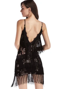 Alças de espaguete de lantejoulas pretas vestido de cocktail curto com franjas