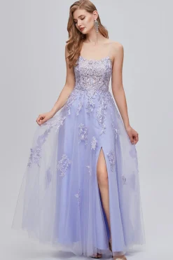 Alças de espaguete de lavanda Appliques Vestido longo baile com fenda