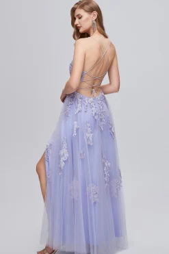 Alças de espaguete de lavanda Appliques Vestido longo baile com fenda