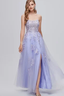 Alças de espaguete de lavanda Appliques Vestido longo baile com fenda