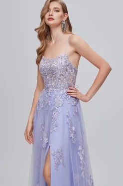 Alças de espaguete de lavanda Appliques Vestido longo baile com fenda